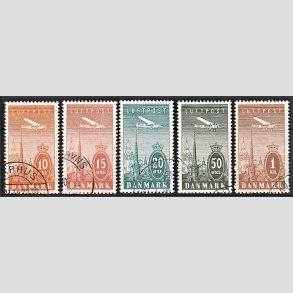 FRIM�RKER DANMARK | 1934 - AFA  216-220 - Ny Luftpost 10 �re til 1 Kr. i komplet s�t - Stemplet