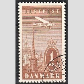 FRIMRKER DANMARK | 1934 - AFA 220 - Ny Luftpost 1 Kr. brun - Stemplet