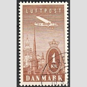 FRIMRKER DANMARK | 1934 - AFA 220 - Ny Luftpost 1 Kr. brun - Stemplet