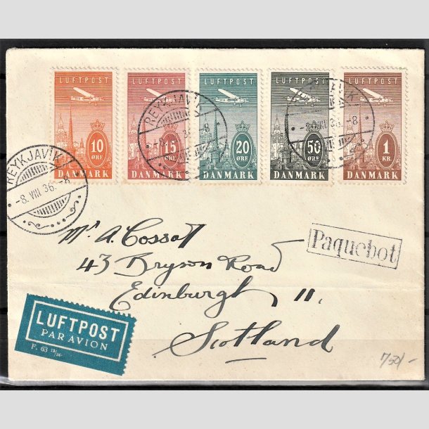 FRIMRKER DANMARK | 1934 - AFA 216-220 - Ny Luftpost i komplet st p flot Luftpost brev "Reykjavik-Skotland" - Stemplet