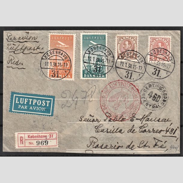 FRIMRKER DANMARK | 1934 - AFA 218,216 - Ny Luftpost 10 + 20 mv. re p flot Luftpost brev - Stemplet