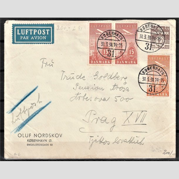 FRIMRKER DANMARK | 1934 - AFA 217,216 - Ny Luftpost 10 + 15 re p flot Luftpost brev - Stemplet