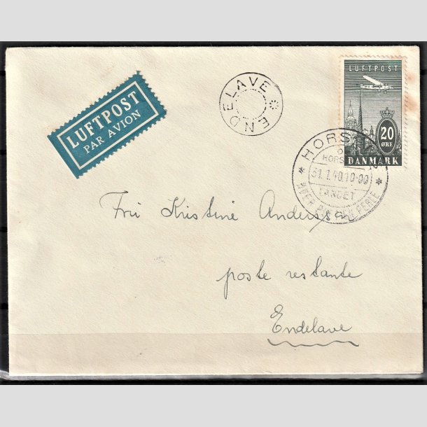 FRIMRKER DANMARK | 1934 - AFA 218 - Ny Luftpost 20 re blgrn p Luftpost brev - Stemplet (Nb. rustpletter)