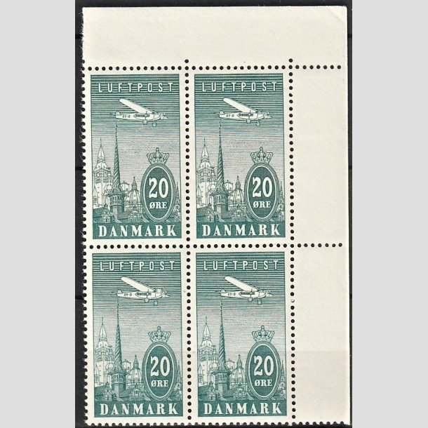 FRIMRKER DANMARK | 1934 - AFA 218 - Ny Luftpost 20 re blgrn i 4-Blok med vre marginal - Postfrisk