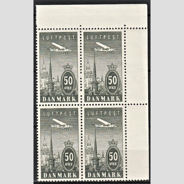 FRIMRKER DANMARK | 1934 - AFA 219 - Ny Luftpost 50 re gr i 4-Blok med vre marginal - Postfrisk