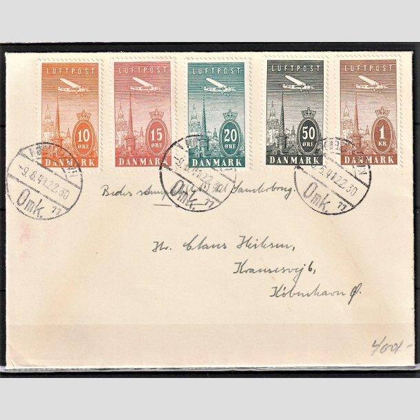 FRIMRKER DANMARK | 1934 - AFA 216-220 - Ny Luftpost i komplet st p flot brev - Stemplet