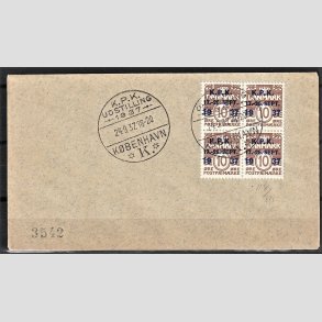 FRIM�RKER DANMARK | 1937 - AFA 243 - K.P.K - 10 �re brun i 4-blok p� brev - Stemplet