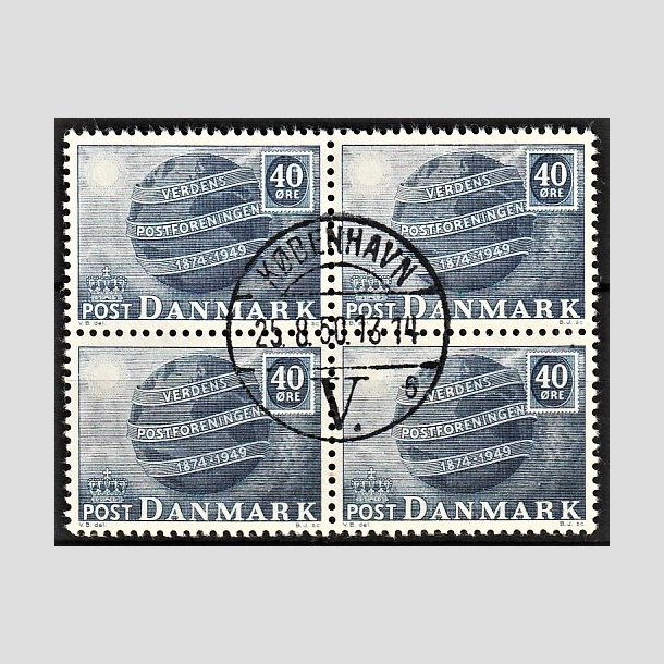 FRIMRKER DANMARK | 1949 - AFA 316 - Verdenspostforeningen 75 r - 40 re bl i 4-blok - Pragt Stemplet