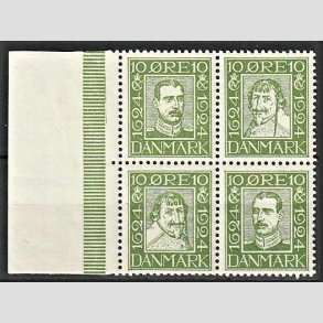 FRIMRKER DANMARK | 1924 - AFA 132-135 - Postjubilum 10 re grn i 4-blok med marginalstykke - Postfrisk