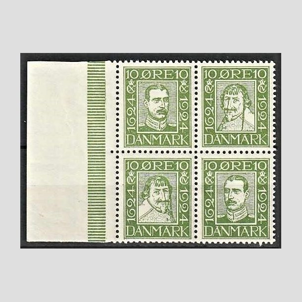 FRIMRKER DANMARK | 1924 - AFA 132-135 - Postjubilum 10 re grn i 4-blok med marginalstykke - Postfrisk