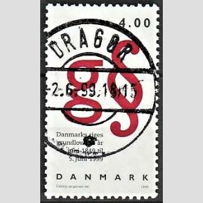 FRIM�RKER DANMARK | 1999 - AFA 1217 - Grundloven 150 �r - 4,00 Kr. r�d/sort - Pragt Stemplet Drag�r