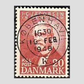 FRIM�RKER DANMARK | 1947 - AFA 305 - I. C. Jacobsen - 20 �re brunr�d - Pragt Stemplet K�benhavn