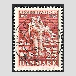 FRIM�RKER DANMARK | 1952 - AFA 334 - Redningsv�snet 100 �r - 25 �re brunr�d - Pragt Stemplet