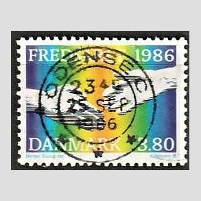 FRIM�RKER DANMARK | 1986 - AFA 857 - FN�s freds�r - 3,80 Kr. flerfarvet - Pragt Stemplet Odense C