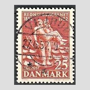 FRIM�RKER DANMARK | 1952 - AFA 334 - Redningsv�snet 100 �r - 25 �re brunr�d - Pragt Stemplet
