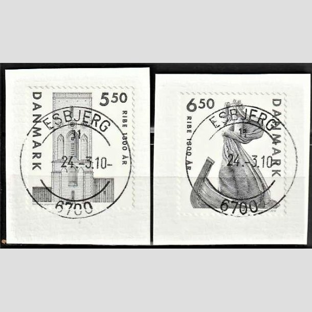 FRIMRKER DANMARK | 2010 - AFA 1614E,1615E - Ribe 1300 r. - 5,50-6,50 Kr. grsort p klip - Pragt Stemplet