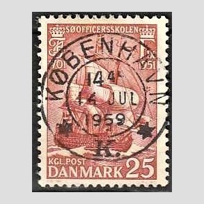 FRIM�RKER DANMARK | 1951 - AFA 328 - S�officerskolen 250 �r - 25 �re brunr�d - Pragt Stemplet