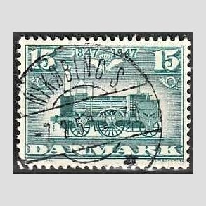 FRIM�RKER DANMARK | 1947 - AFA 302 - Danske jernbane 100 �r - 15 �re bl�gr�n - Pragt Stemplet