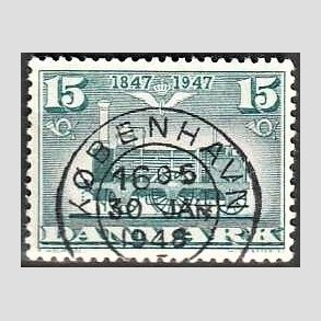FRIM�RKER DANMARK | 1947 - AFA 302 - Danske jernbane 100 �r - 15 �re bl�gr�n - Pragt Stemplet