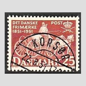 FRIM�RKER DANMARK | 1951 - AFA 332 - F�rste frim�rker 100 �r, 25 �re brunr�d - Pragt Stemplet Kors�r
