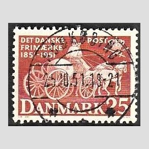 FRIM�RKER DANMARK | 1951 - AFA 332 - F�rste frim�rker 100 �r, 25 �re brunr�d - Pragt Stemplet Rudk�bing