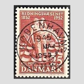 FRIM�RKER DANMARK | 1952 - AFA 334 - Redningsv�snet 100 �r - 25 �re brunr�d - Pragt Stemplet K�benhavn