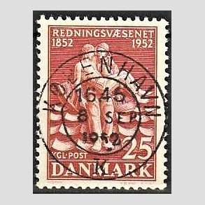 FRIM�RKER DANMARK | 1952 - AFA 334 - Redningsv�snet 100 �r - 25 �re brunr�d - Pragt Stemplet