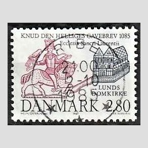 FRIM�RKER DANMARK | 1985 - AFA 834 - Domkirken i Lund - 2,80 Kr. m�rkbl�/lilla - Pragt Stemplet