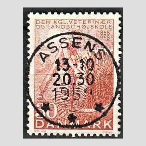 FRIM�RKER DANMARK | 1958 - AFA 372 - Landboh�jskolen 100 �r - 30 �re r�d - Pragt Stemplet Assens