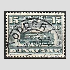 FRIM�RKER DANMARK | 1947 - AFA 302 - Danske jernbane 100 �r - 15 �re bl�gr�n - Pragt Stemplet