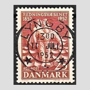 FRIM�RKER DANMARK | 1952 - AFA 334 - Redningsv�snet 100 �r - 25 �re brunr�d - Pragt Stemplet