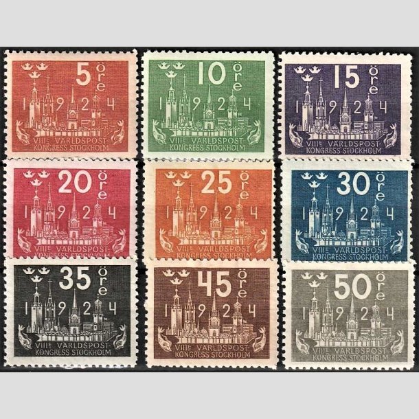 FRIMRKER SVERIGE | 1924 - AFA 159,160 mv. - Verdenspostkongres - 9 forskellige vrdier - Ubrugt