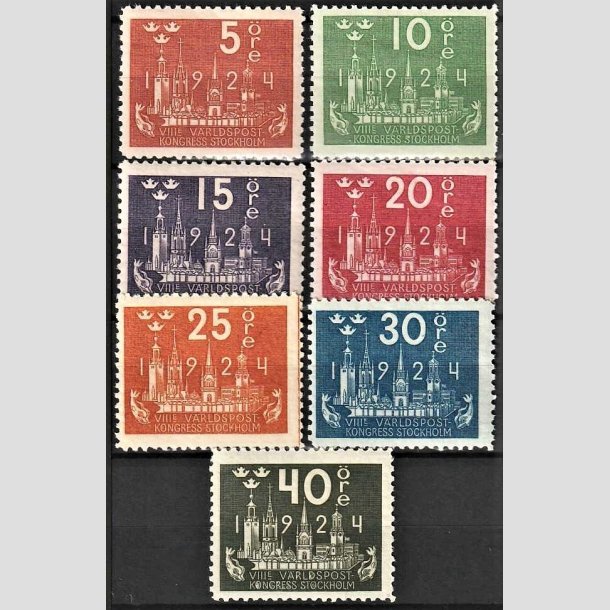 FRIMRKER SVERIGE | 1924 - AFA 159,160 mv. - Verdenspostkongres - 7 forskellige vrdier - Ubrugt