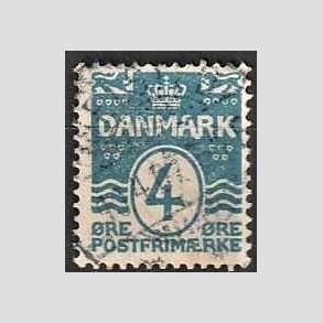 FRIM�RKER DANMARK | 1905-06 - AFA 45y - B�lgelinie 4 �re bl� Krone III, Variant! A og R sammenh�ngende - Stemplet
