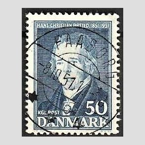 FRIM�RKER DANMARK | 1951 - AFA 330 - Hans Christian �rsted - 50 �re bl� - Lux Stemplet Faaborg