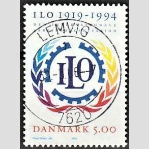 FRIM�RKER DANMARK | 1994 - AFA 1075 - ILO 75 �r - 5,00 Kr. flerfarvet - Pragt Stemplet