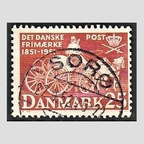FRIM�RKER DANMARK | 1951 - AFA 332 - F�rste frim�rker 100 �r, 25 �re brunr�d - Pragt Stemplet