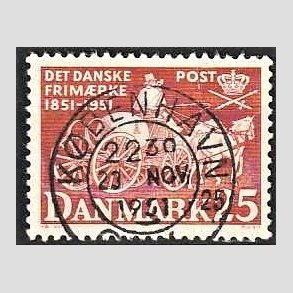 FRIM�RKER DANMARK | 1951 - AFA 332 - F�rste frim�rker 100 �r, 25 �re brunr�d - Pragt Stemplet