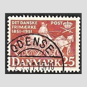 FRIM�RKER DANMARK | 1951 - AFA 332 - F�rste frim�rker 100 �r, 25 �re brunr�d - Pragt Stemplet