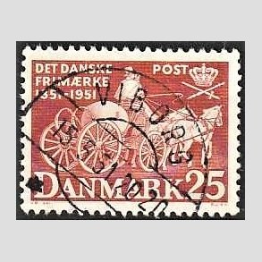 FRIM�RKER DANMARK | 1951 - AFA 332 - F�rste frim�rker 100 �r, 25 �re brunr�d - Pragt Stemplet