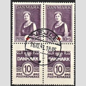 FRIMRKER DANMARK | 1940 - AFA 252,266 - Dronning Alexandrine Rde Kors - 10 + 5 re violet/rd + 10 re violet i blok - Lux Stemplet
