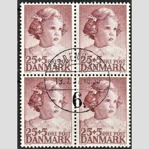 FRIMRKER DANMARK | 1950 - AFA 325 - Prinsesse Anne-Marie - 25 + 5 re brunrd i 4-blok - Pragt Stemplet