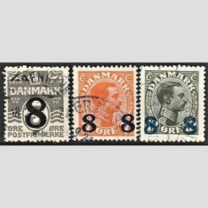 FRIMRKER DANMARK | 1921-22 -  AFA 117,118,119 - 8/3 re, 8 8/7 re og 8 8/12 re provisorier i st - Stemplet