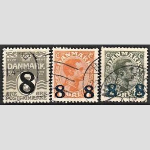 FRIMRKER DANMARK | 1921-22 -  AFA 117,118,119 - 8/3 re, 8 8/7 re og 8 8/12 re provisorier i st - Stemplet