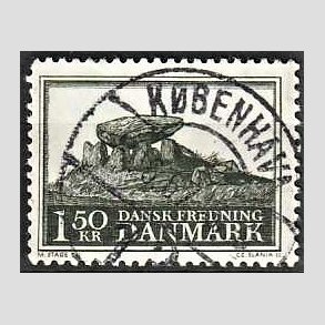 FRIM�RKER DANMARK | 1966 - AFA 451 - Fredningsserie Jydsk k�mpeh�j - 1,50 Kr. sortgr�n - Pragt Stemplet