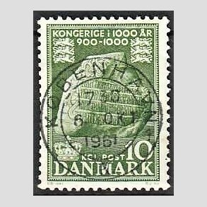 FRIM�RKER DANMARK | 1953-56 - AFA 346 - Kongeriget 1000 �r - 10 �re gr�n - Pragt Stemplet 