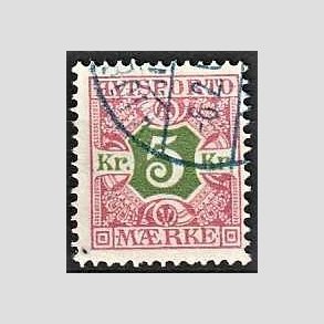 FRIMRKER DANMARK | 1907 - AFA 9 - 5 kr. rd/grn - Stemplet