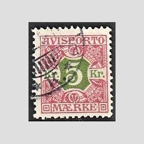 FRIMRKER DANMARK | 1907 - AFA 9 - 5 kr. rd/grn - Stemplet