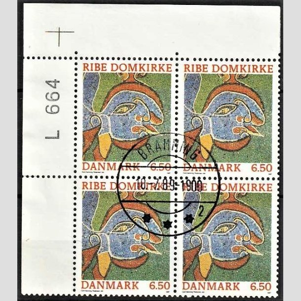 FRIMRKER DANMARK | 1987 - AFA 881 - Ribe Domkirke - 6,50 Kr. flerfarvet i 4-blok med marginal - Pragt Stemplet
