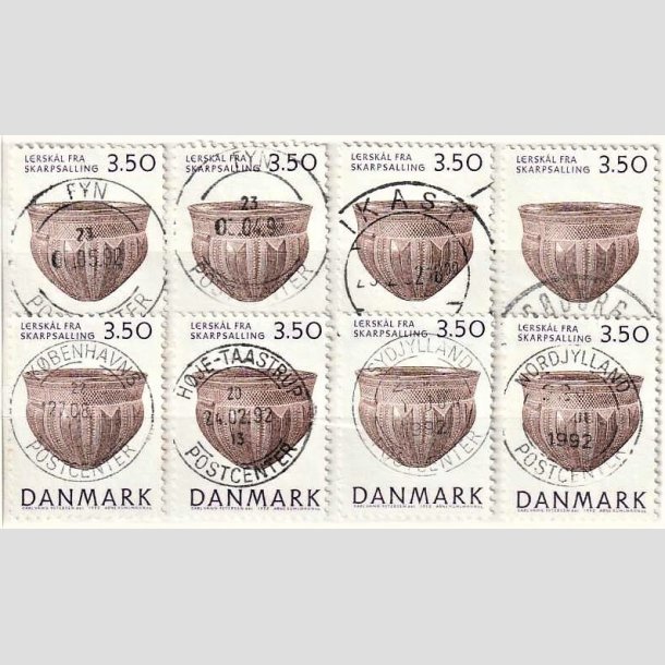 FRIMRKER DANMARK | 1992 - AFA 1007 - Nationalmuseets samling - 3,50 Kr. lilla/brun x 8 - Engros - Lux Stemplet